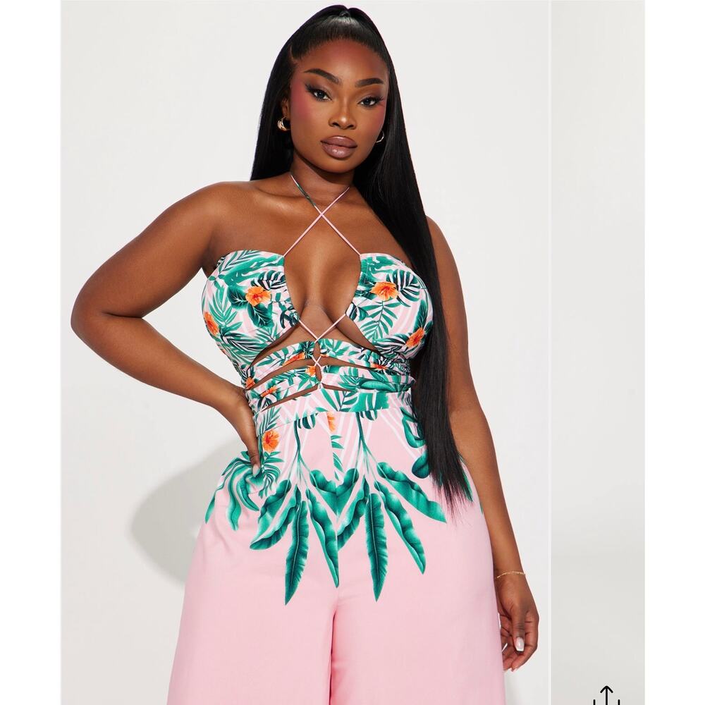 Fashion Nova Maui Nights Tropical Print Wide Leg Halter Jumpsuit Size 1X NWT - Picture 9 of 9